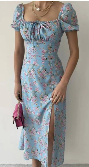 BENDİSTAR BUTİK Mavi Pembe Çiçekli Midi Boy Yırtmaçlı Elbise BS000166
